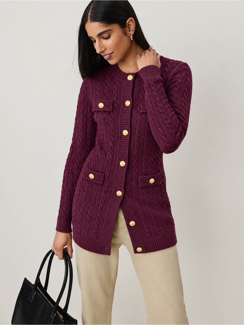 🌺 Ann Taylor Plum Cable-Knit Long Cardigan